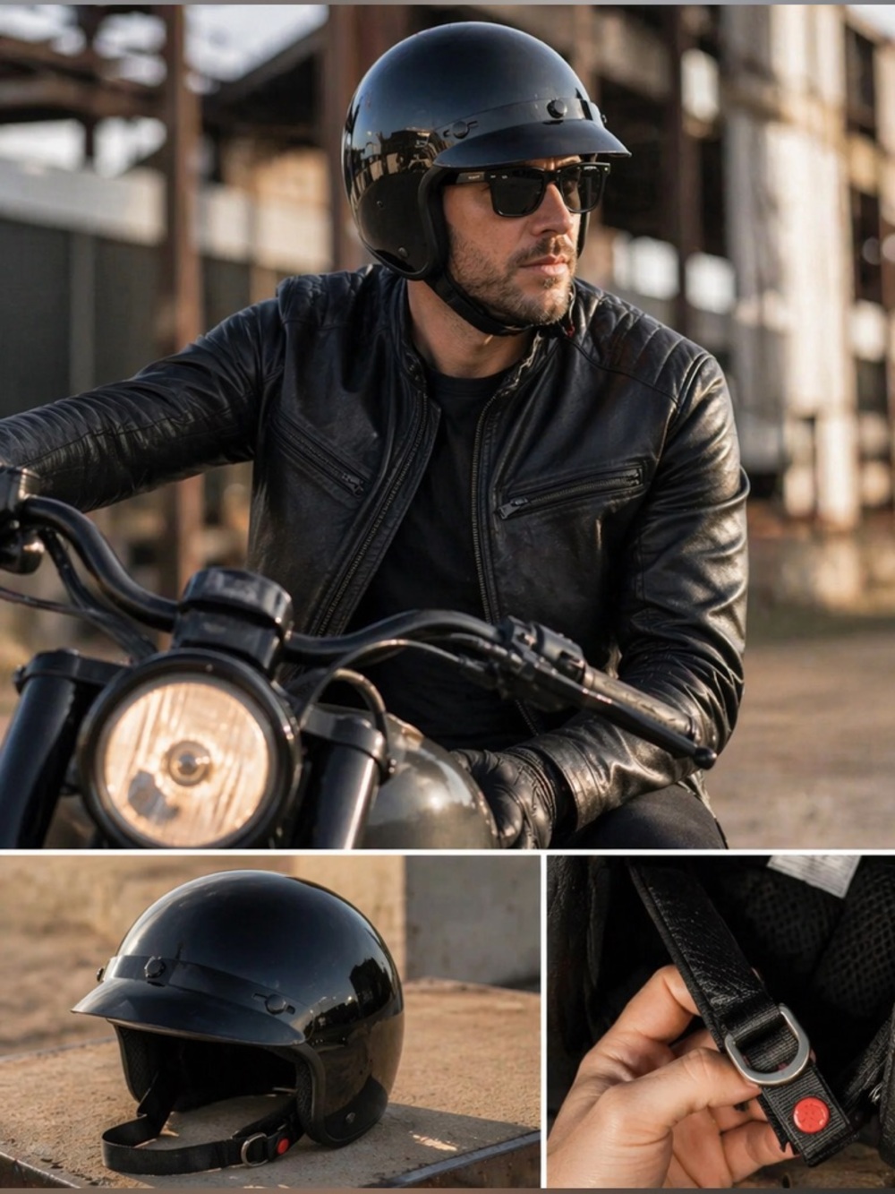 FUEL Gloss Black Half Motorcycle Helmet OF001 Size S 55–56cm DOT Visor Cruiser